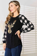 Load image into Gallery viewer, Heimish Full Size Sequin Reindeer Graphic Plaid Top