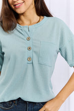Load image into Gallery viewer, Heimish Made For You Full Size 1/4 Button Down Waffle Top in Blue