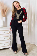 Load image into Gallery viewer, Heimish Full Size Sequin Reindeer Graphic Plaid Top